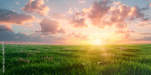 Vibrant Green Field Bathed in Sunrise