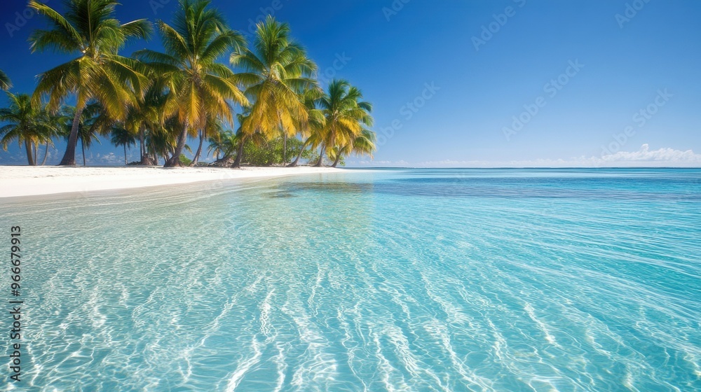Fototapeta premium Gentle waves lap against a white sandy shore lined with swaying palm trees under a clear blue sky