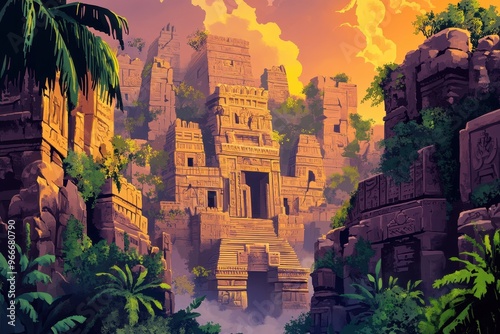 Ancient Stone Temple Ruins in Lush Jungle Landscape