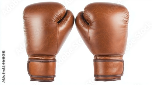 Two brown boxing gloves with leather straps photo