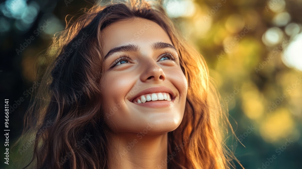 Smiling woman with curly hair and sunshine background Smiling woman with curly hair and sunshine background