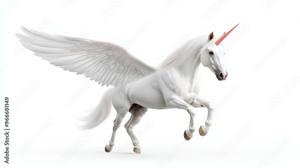 A unicorn with a red horn is flying through the air A unicorn with a red horn is flying through the air