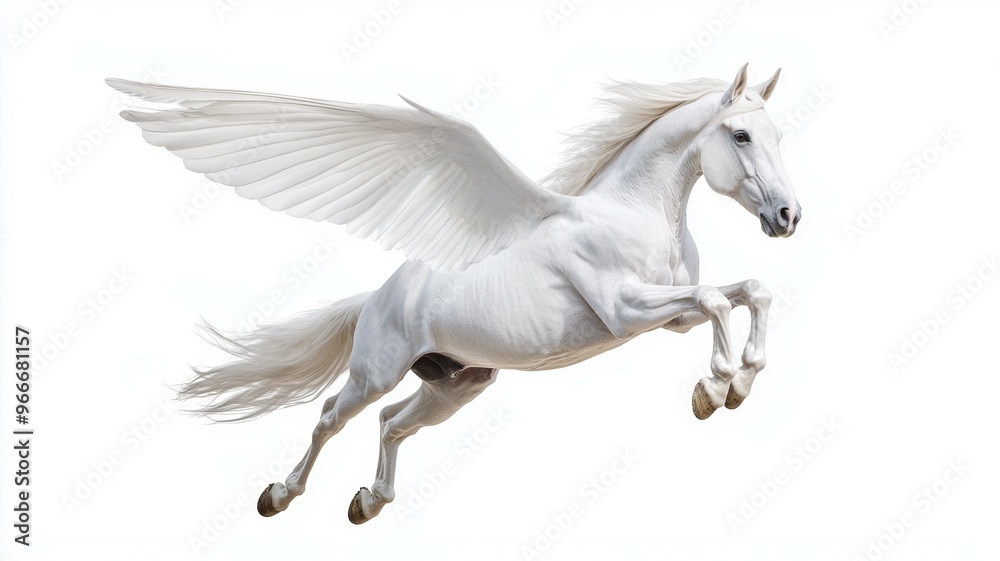 A white horse with a wing on its back is flying through the air A white horse with a wing on its back is flying through the air