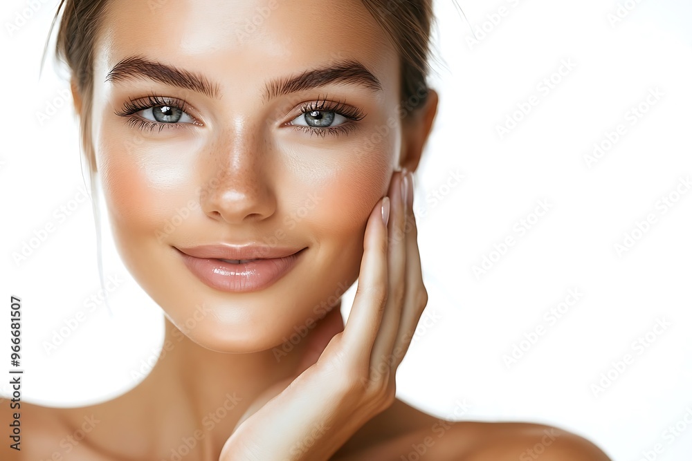 Beauty Young European Woman Touching Her Cheek And Smiling At Camera Over White Background Beauty Young European Woman Touching Her Cheek And Smiling At Camera Over White Background