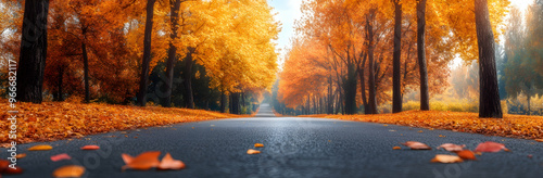 Empty road street in colorful autumn forest park with yellow orange red leaves on trees. Beautiful fall season outdoors. Natural background with copyspace. Web banner header for website.   