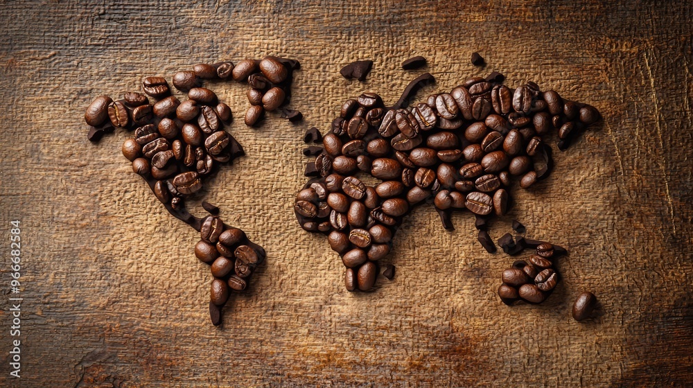 World Map Formed by Coffee Beans on Wooden Background