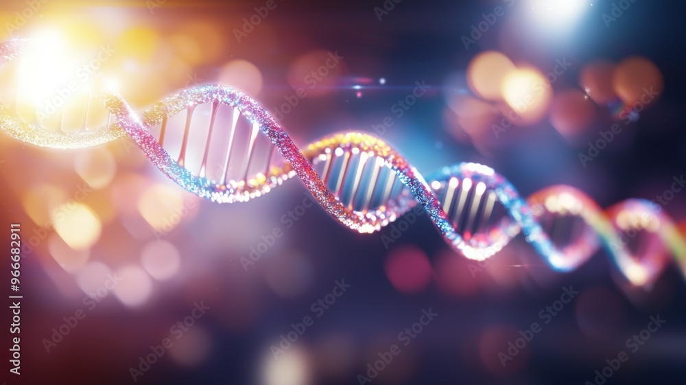 A colorful DNA strand with a bright yellow light shining on it A colorful DNA strand with a bright yellow light shining on it
