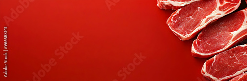 Fresh meat slices on red background, wide horizontal panoramic banner with copy space, or web site header with empty area for text. 