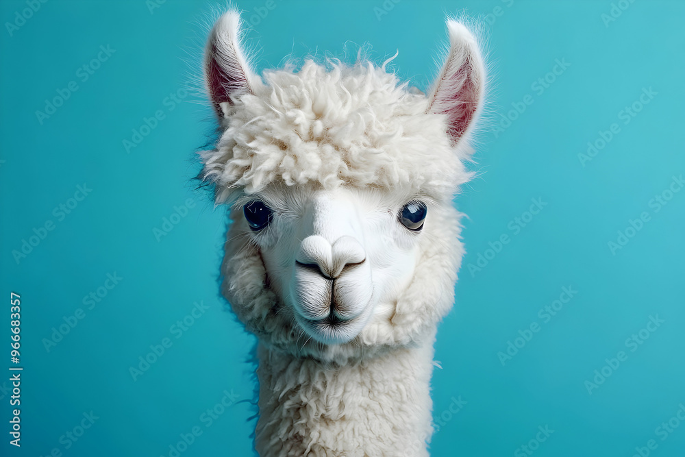 Fototapeta premium Funny white alpaca on blue background 