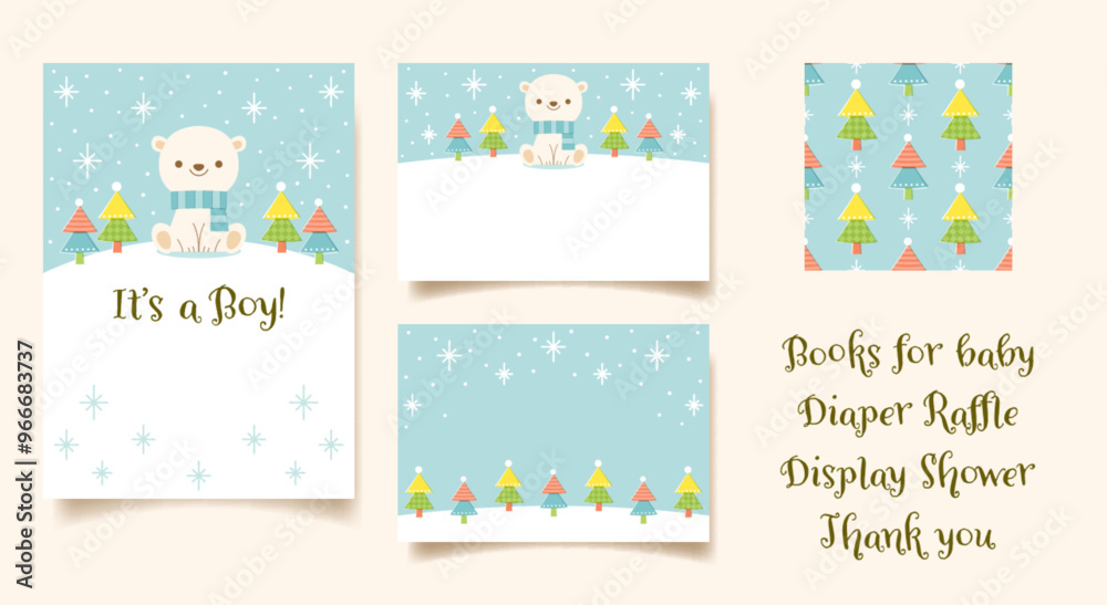 Set of winter Baby Shower invitation, insert card designs, and coordinated seamless pattern featuring adorable baby polar bear and trees. Set of winter Baby Shower invitation, insert card designs, and coordinated seamless pattern featuring adorable baby polar bear and trees.