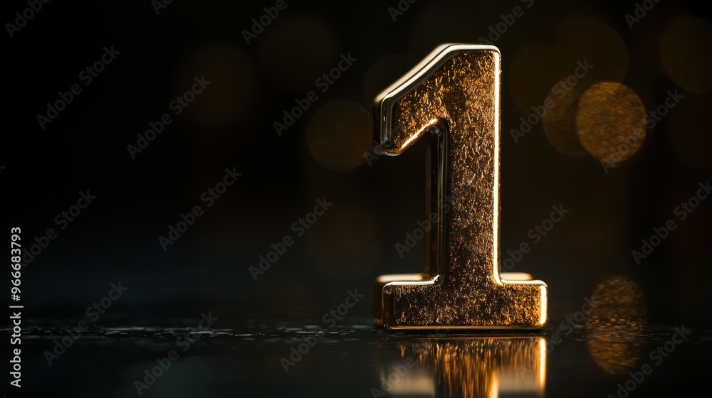 Golden 3D Number One Symbol in Metallic Typography and Shiny Style on Dark Background Golden 3D Number One Symbol in Metallic Typography and Shiny Style on Dark Background