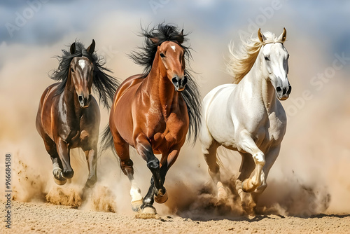 Horses with long mane portrait run gallop in desert dust 