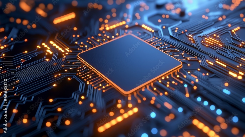A computer chip with a blue square on it A computer chip with a blue square on it