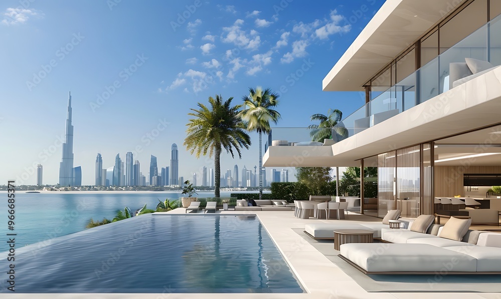 Fototapeta premium Modern Villa with Pool Overlooking the Dubai Skyline