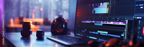 Logos of the video editing software on a heap on a table. Web banner format with copy space.   
