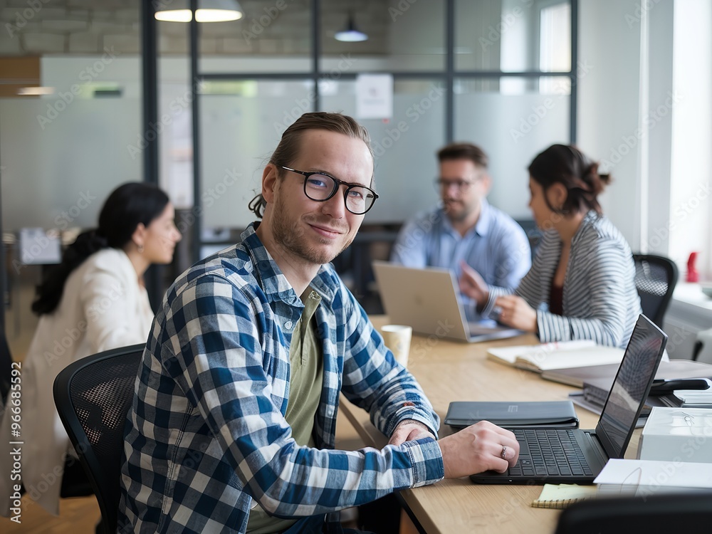 Smiling Young Man in Modern Office Setting Smiling Young Man in Modern Office Setting