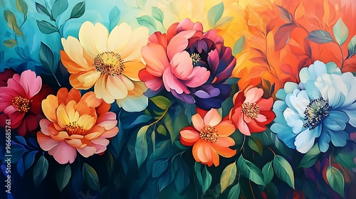 Beautiful abstract floral painting with bold, colorful flowers and intricate leaves against a gradient background. Perfect for nature-themed artistic designs.