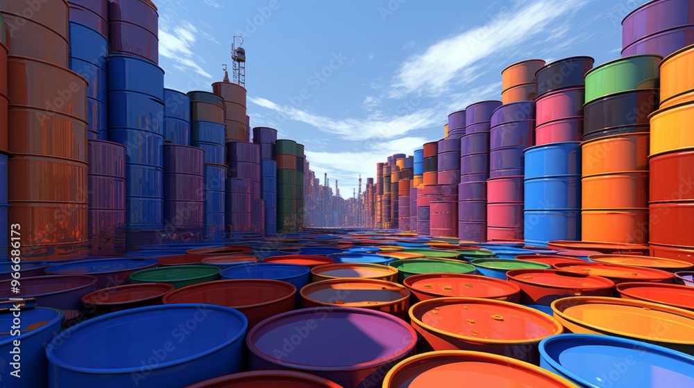 a large amount of multi colored barrels are stacked