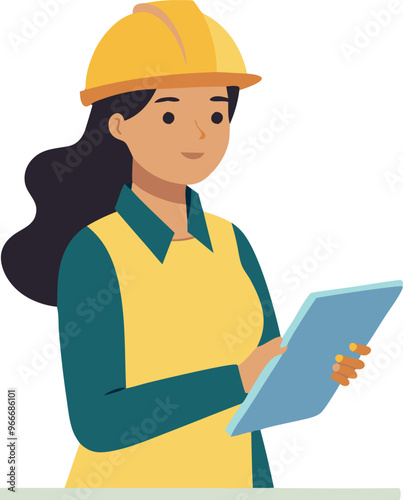 A woman wearing a yellow vest and a hard hat is holding a tablet. She is smiling and she is happy