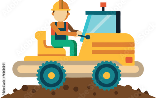 A man is driving a yellow construction vehicle. The vehicle is on a dirt road and the man is wearing a hard hat