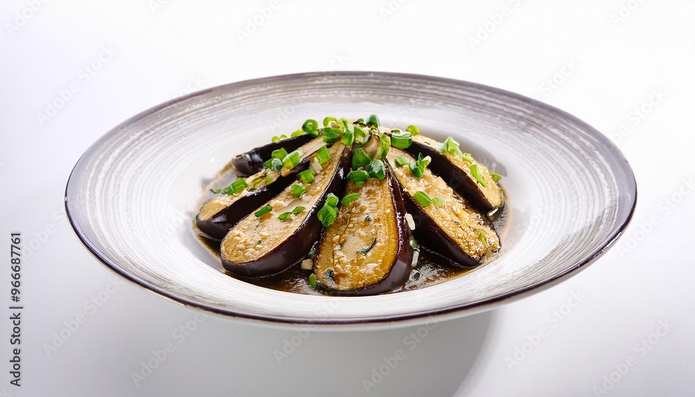 Chinese Food, Eggplant with Garlic Sauce on white background isolated. Chinese Food, Eggplant with Garlic Sauce on white background isolated.