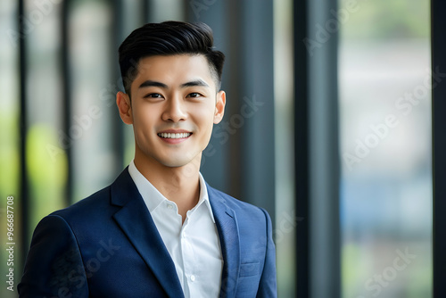 Portrait young confident smart Asian businessman look at camera and smile 