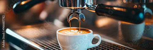 Pouring coffee into cup from cappuccino machine   