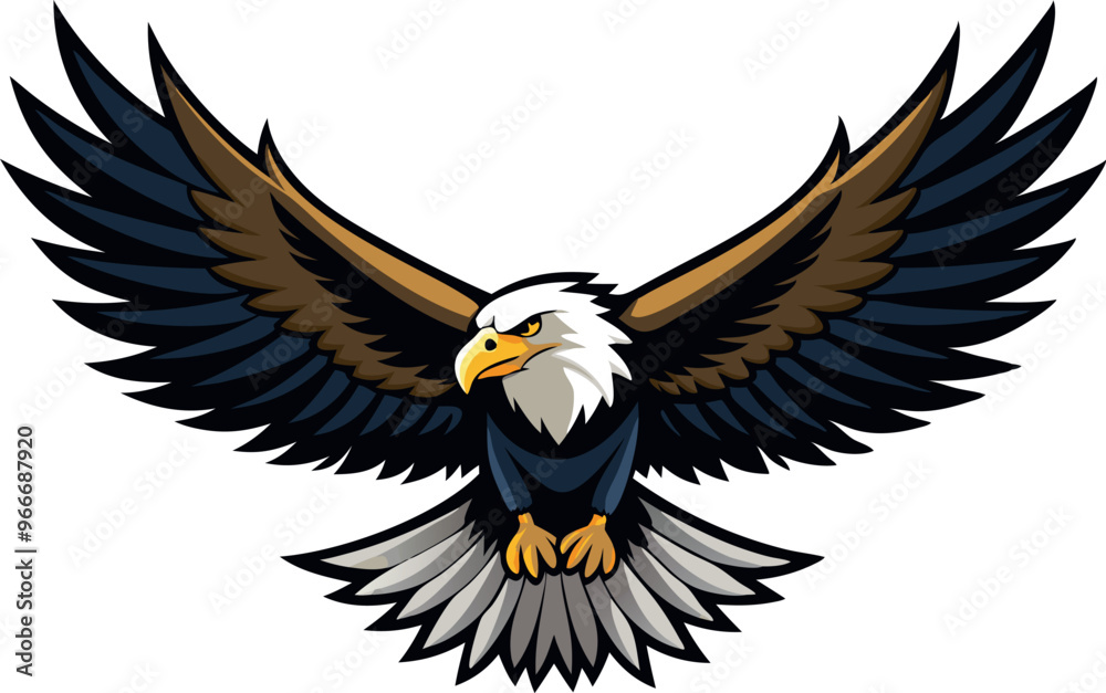 A cartoon eagle with its wings spread wide. The eagle is angry and ready to attack. The eagle is the mascot of a sports team