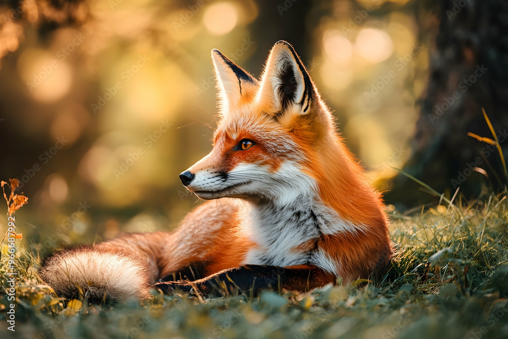 Fototapeta premium Red Fox hunting, Vulpes vulpes, wildlife scene. Orange fur coat animal in the nature habitat. Fox on the green forest meadow.
