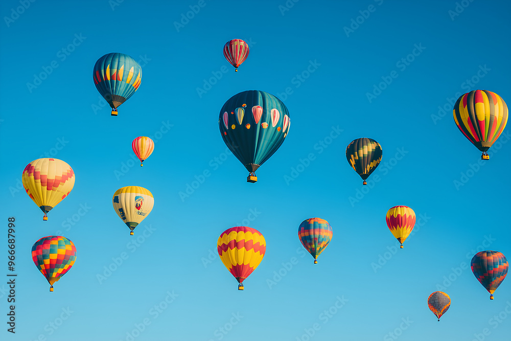 A vibrant display of colorful hot air balloons floating in a clear blue sky. A vibrant display of colorful hot air balloons floating in a clear blue sky.