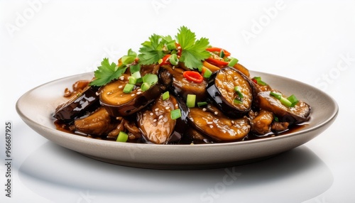 Chinese Food, Fish-Flavored Eggplant on white background isolated.