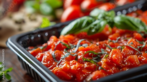 Pasts in tomato sauce in black plastic container