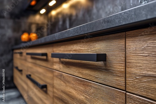 Close-up of Wooden Kitchen Cabinets with Black Handles