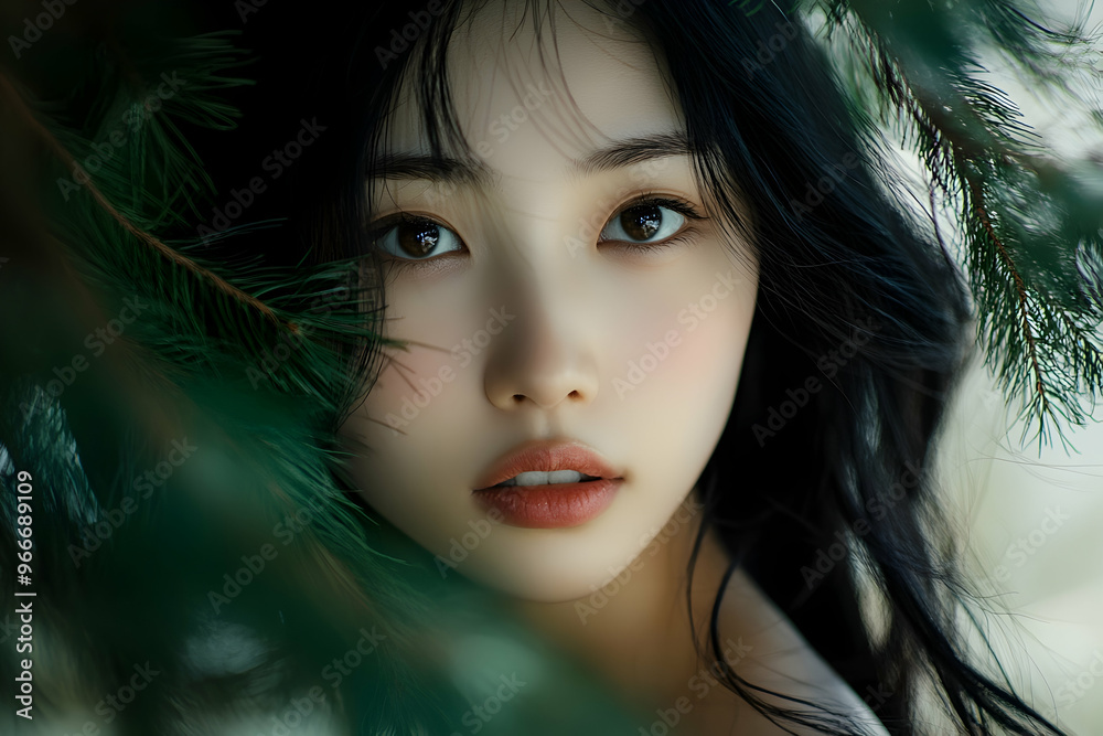 portrait of a young asian woman with the tree portrait of a young asian woman with the tree
