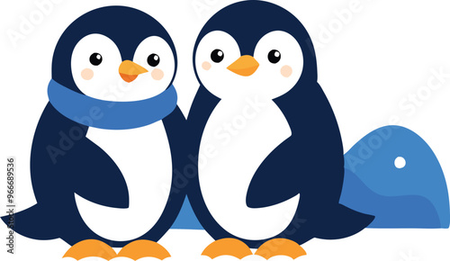 Two penguins are hugging each other. One of them is wearing a blue scarf. The scene is cheerful and cute