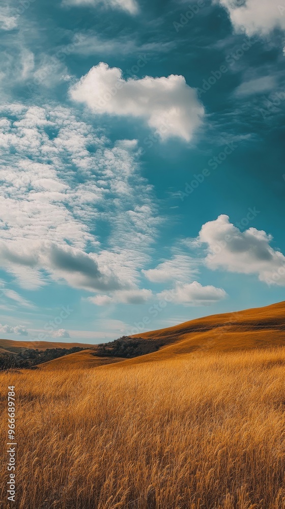 Golden field under a bright blue sky with fluffy clouds, serene nature scenery. Peaceful landscape concept Golden field under a bright blue sky with fluffy clouds, serene nature scenery. Peaceful landscape concept
