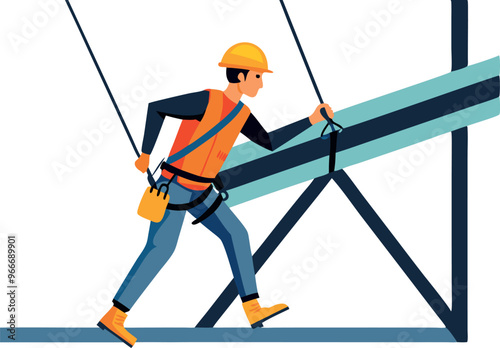 A man in a yellow vest is working on a building. He is wearing a hard hat and harness