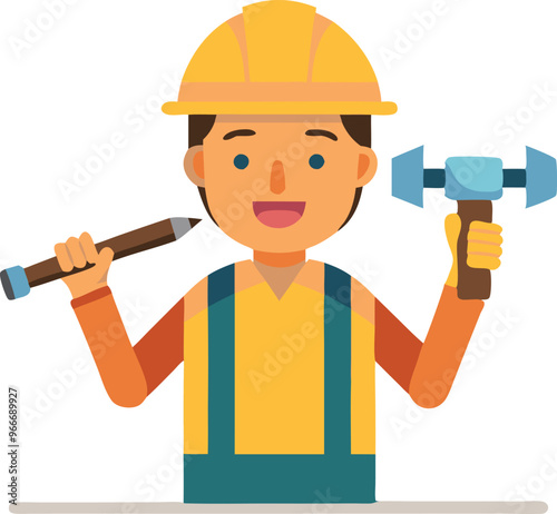 A man in a yellow vest holding a hammer and a pencil. He is smiling. Concept of happiness and positivity