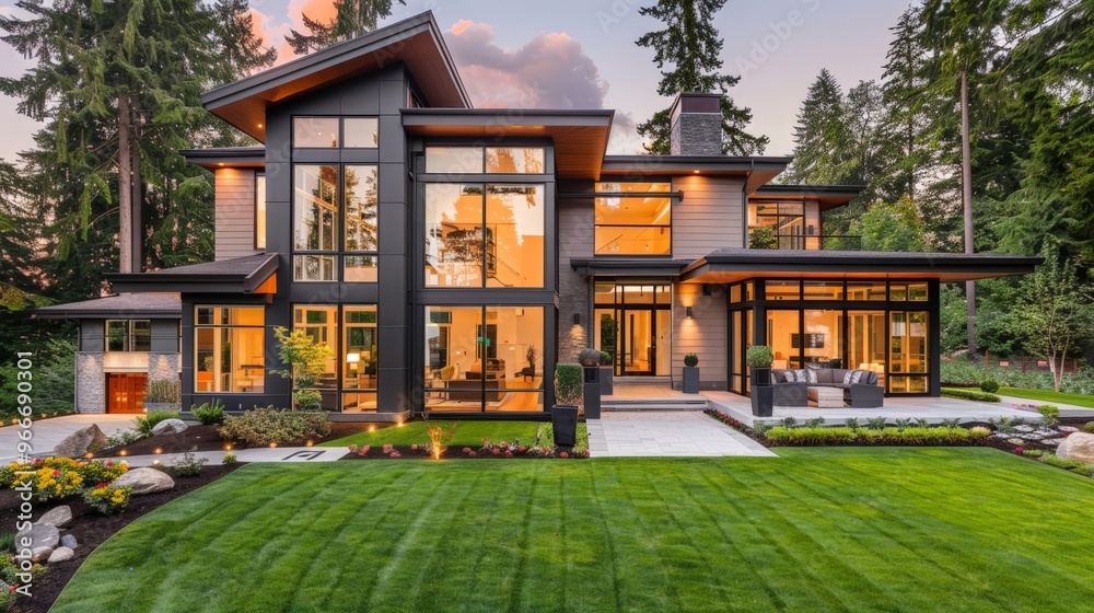 A beautiful modern home exterior with large windows, a manicured lawn, and a sleek design, surrounded by greenery