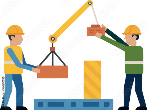 Two men are lifting a heavy object with a crane. The scene is a construction site. The men are wearing hard hats and safety gear. The crane is lifting a large brick