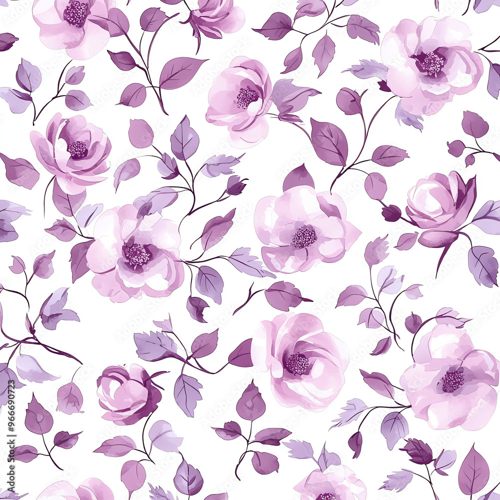 A seamless pattern of soft purple roses and leaves, delicate watercolor on a white background. A seamless pattern of soft purple roses and leaves, delicate watercolor on a white background.