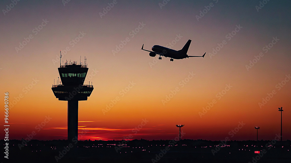 Silhouette of an airplane flying over the control tower at sunset Silhouette of an airplane flying over the control tower at sunset