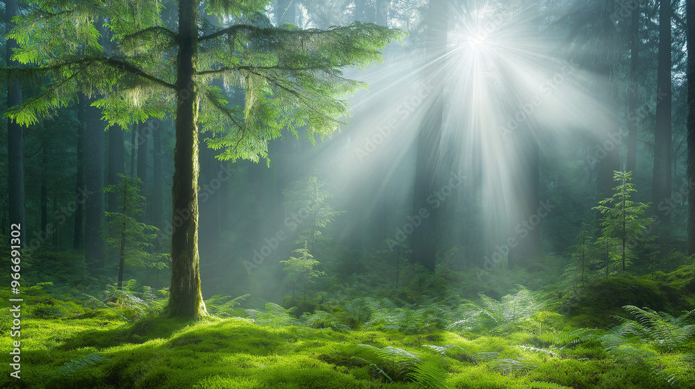 Fototapeta premium A Serene forest with Sunlight Filtering Through