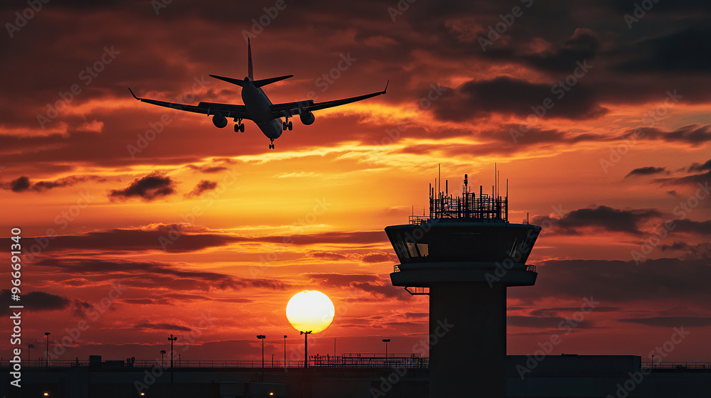Silhouette of an airplane flying over the control tower at sunset Silhouette of an airplane flying over the control tower at sunset