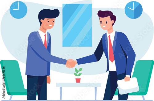 Two men shaking hands in a business setting. One of the men is holding a plant