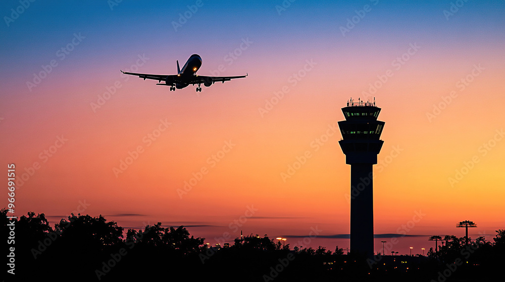 Silhouette of an airplane flying over the control tower at sunset Silhouette of an airplane flying over the control tower at sunset