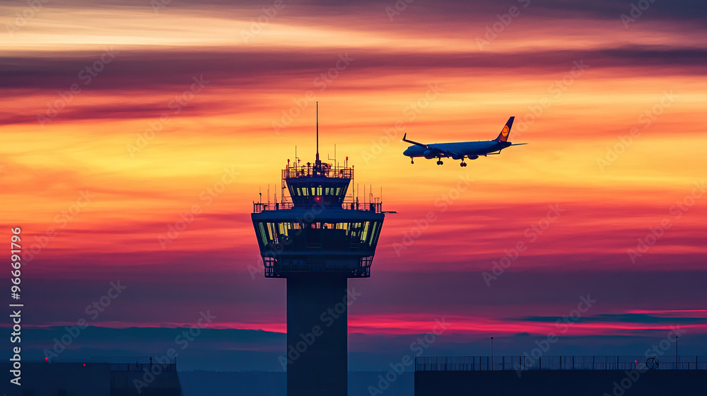 Silhouette of an airplane flying over the control tower at sunset Silhouette of an airplane flying over the control tower at sunset