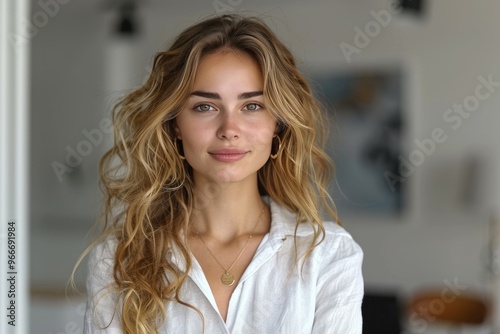 Businesswoman posing with laptop against white background, showcasing software for professionals