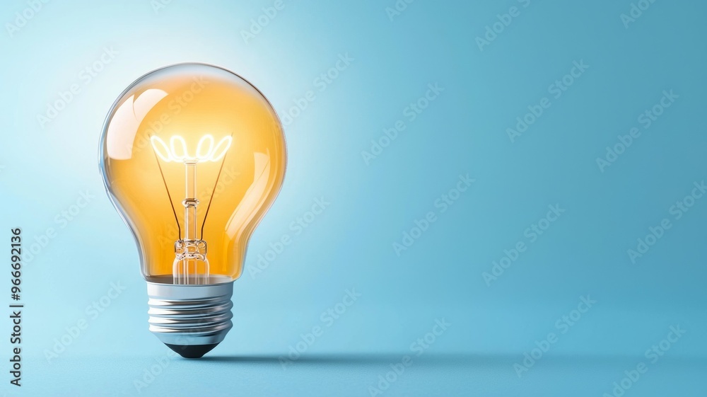 A light bulb is lit up and is sitting on a blue background A light bulb is lit up and is sitting on a blue background