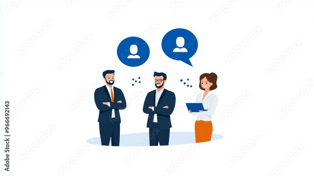 Three people are standing in a room, one of them holding a book Three people are standing in a room, one of them holding a book